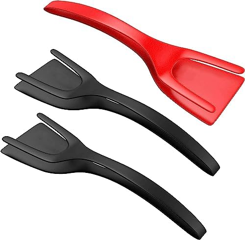 3 Pack 2 in 1 Grip and Flip Spatula Tongs Nylon Heat Resistant for Cooking Eggs Pancake fish French Toast Omelet Making for Home Kitchen Cooking Tool （ 2 Black Tongs and 1 Red Tong）