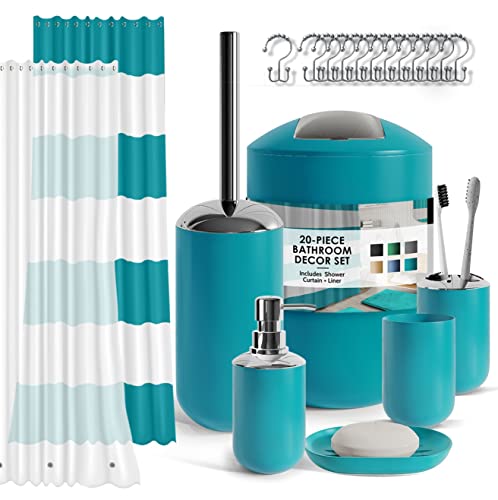 Clara Clark Bathroom Set - Teal Bathroom Accessories Set 20PC Bathroom Accessory Set Shower Curtain Set with Liner Toothbrush Holder Soap Dispenser Soap Dish Toilet Brush Holder and Trash Can