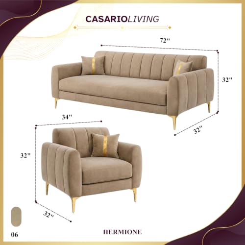 Image of Hermione Luxe Velvet-Suede Fabric 3 Seater + 1 Seater + 1 Seater Sofa Set | Golden Legs | Comfortable & Spacious Seating | Modern Sofa Set for Living Room - Beige