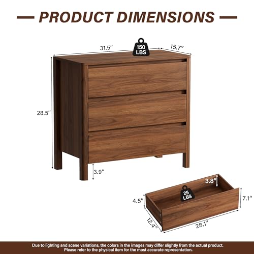 Image of Furniway 31.5 inch Mid-Century Modern Dresser for Bedroom, 3 Drawer Small Chest of Drawers with Wood Legs, Large Storage Bedroom Dresser, Walnut