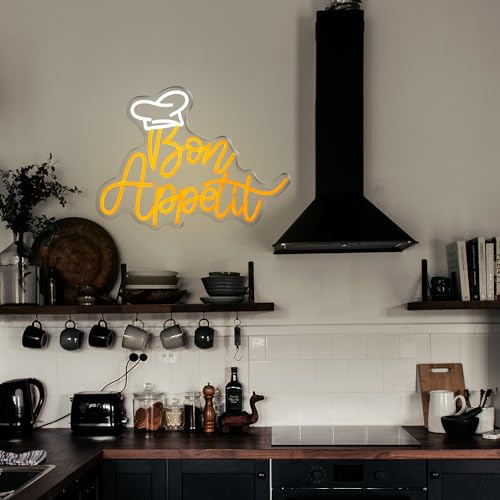 Image of Bon Appetit with Chef's hat LED Sign Gold Letters Neon Light Signs for Restaurant French Style Neon Dimmable LED inch16.5x12.6 inch Hanging Dinning Room Cooking Kitchen Wall Art Decor