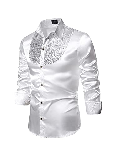 YILEEGOO Men's Shiny Satin Sequins Button Up Dress Shirts Long Sleeve Slim Fit Disco Party Prom Wedding Shirts Costume (White, XL)