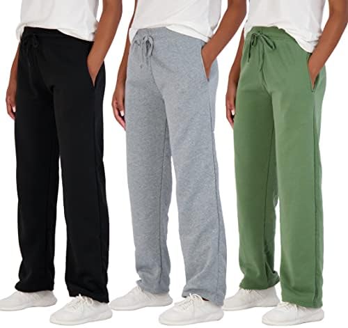 Real Essentials Womens Fleece Open Women Sweatpant Bottom Sweatpants Running Pant Baggy Wide Leg Jogging Sweats Bottoms Teen Lounge Active Ladies Warm Pants Casual Athletic Sweat, Set 8, L, Pack of 3