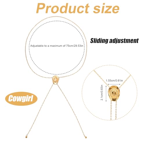 Gold Western Cowgirl Hat Necklace, Cowboy Accessories Vintage Bolo Tie Necktie Long Pendant Necklace Statement Trendy Jewelry Gift for Women Country Concert2