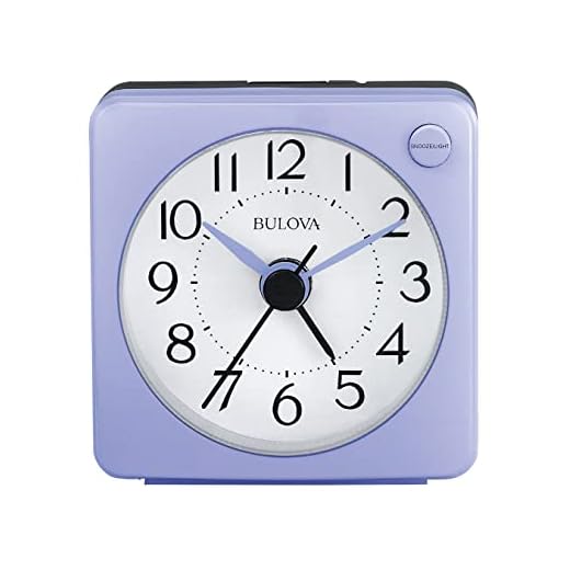 Bulova Violet Travel Alarm Clock B1876 | Compact Design with Lighted Dial & Silent Sweep | Quartz Movement | Battery Operated | Ascending Beep Alarm for Home or Travel