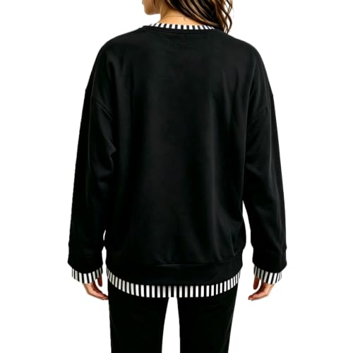 Women Striped Fake Two Piece Crew Neck Long Sleeves 2 in 1 Pullover Tops - image 5