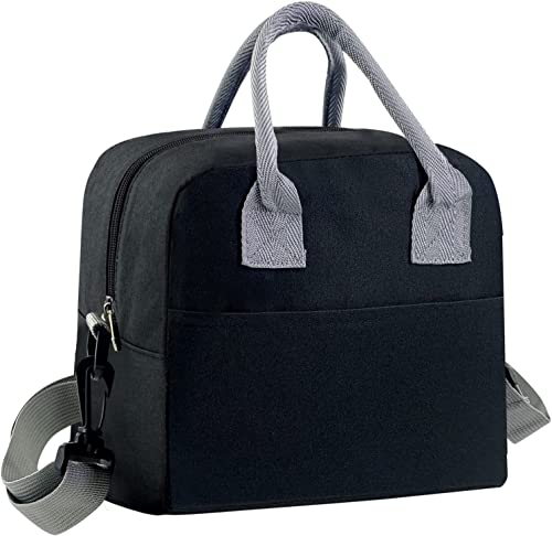 House of Quirk Insulated Lunch Bags Large Reusable Tote Cooler Box with Adjustable Removable Shoulder Strap and Pocket for Women (Black) (Linen)