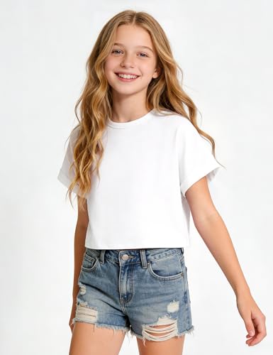 Image of Girls Crop Tops Short Sleeve T-Shirts for Girl Crew-Neck Basic Tee Size 7-14 Years