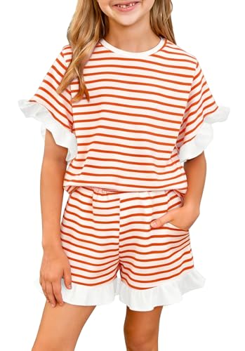 FreeCute Girls Shorts Sets Summer 2 Piece Outfits Ruffle Short Sleeve Tops and Shorts Striped Cute Kids Clothing Set 5-14 Years