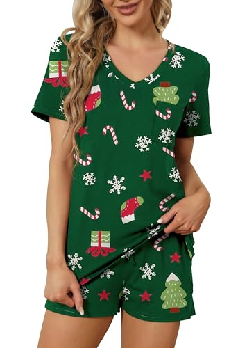 Image of RUBZOOF Women's Short Sleeve Pajama Sets with Pockets Casual V Neck 2 Piece Lounge Sets S-3XL
