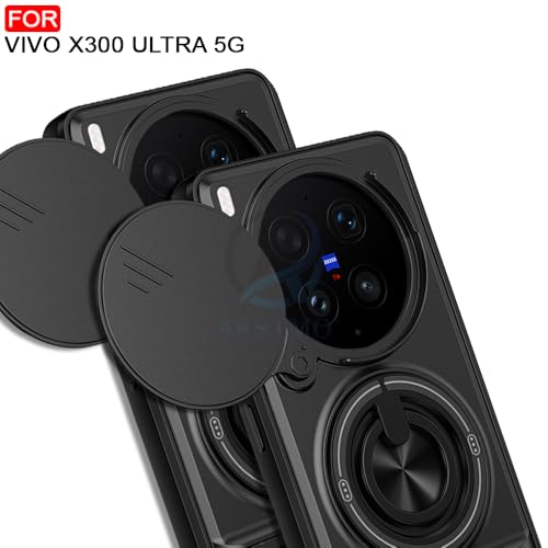Image of AESTMO Vivo X300 Ultra 5G Back Cover | Armor Camera Slider 360 Degree Rotating Finger Ring Holder Case with Bracket Stand Back Case Cover (Compatible with MagSafe Accessories) (Black)