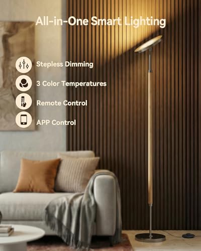 Image of JOOFO Wood LED Torchiere Floor Lamp with Remote, 3000LM Dimmable
