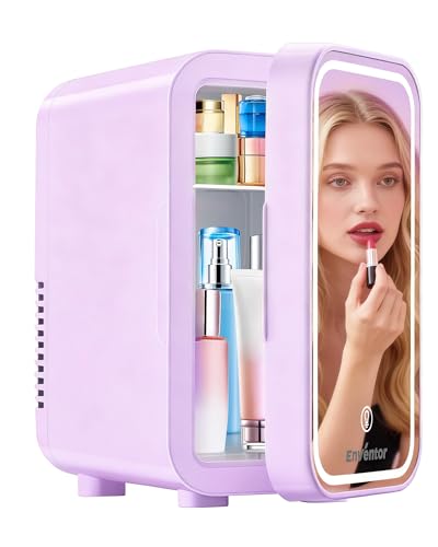 Image of Enventor Mini Skincare Fridge Small Refrigerator for Bedroom, Beauty Fridge for Makeup with Dimmable LED Mirror, 6 L / 8 Cans Compact Portable Cooler for College Dorm, Office, Car, Purple