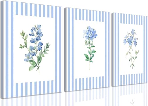 Tableau botanique bleu et blanc 3 pièces pour habiller un grand mur vide facilement