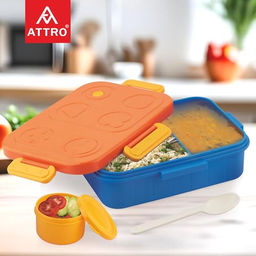 Image of ATTRO TicTac Plastic Lunch Box - 3 Compartment Bento Tiffin, Leak-Proof & Durable, Ideal for Kids, School, Picnic- 1200ml+80ml, Orange Blue