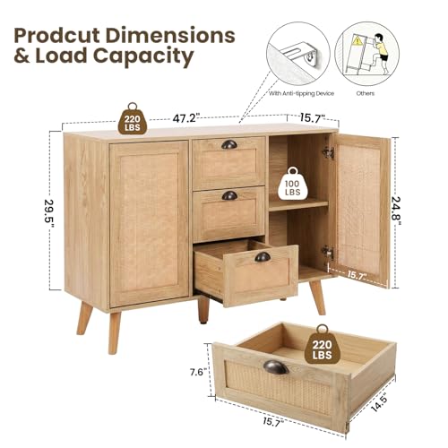 GREEN PARTY 47.2" Rattan Sideboard Buffet Cabinet, Coffee Bar Cabinet with Storage, 3 Drawers and 2 Doors, Boho Kitchen Storage Cabinet for Dining Room, Living Room, Entryway — view 2