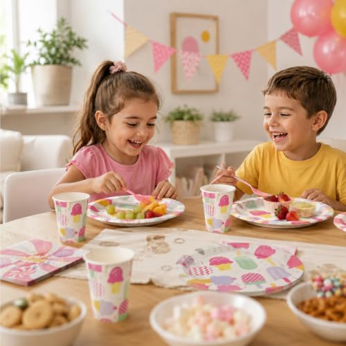 Image of Rozi Decoration 30 Pcs Ice Cream & Candy Theme Party Supplies - Includes 10 Dessert Plates, 10 Paper Cups, 10 Napkins - Fun & Colorful Birthday Party Tableware Set | Ice Cream Theme Birthday Supplies