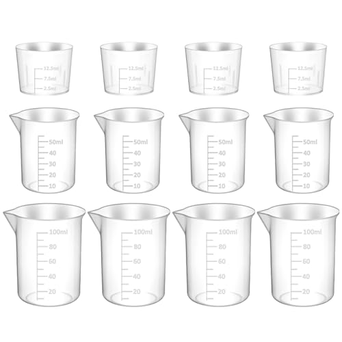 Ptwola 12 Pcs Transparent Plastic Graduated Cup Clear Lab Measuring Beaker Cup Multipurpose Mixing Container for Kitchen Cooking Science Experiment Liquid Measure Tool 15ml / 50ml / 100ml Capacity