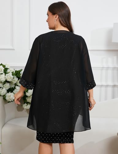 Image of ZOMVA Plus Size Sparkly Formal Dress Suit 2 Piece Mother of The Bride Groom Chiffon Jacket Outfit Cocktail Evening