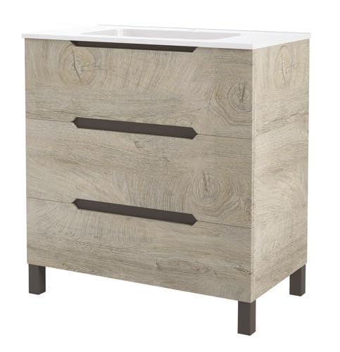 ONDÉE - Meuble Salle de Bain à Poser Alaska 80 cm - Vasque céramique - 3 tiroirs à Fermeture ralentie - livré en Kit - Fabrication européenne - 80 cm - Bois Nordic...