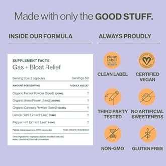 Hilma Natural Gas and Bloating Relief for Women, Doctor Formulated with Organic Ingredients, Lemon Balm, Fennel and Peppermint Leaf, 50 Vegan Capsules