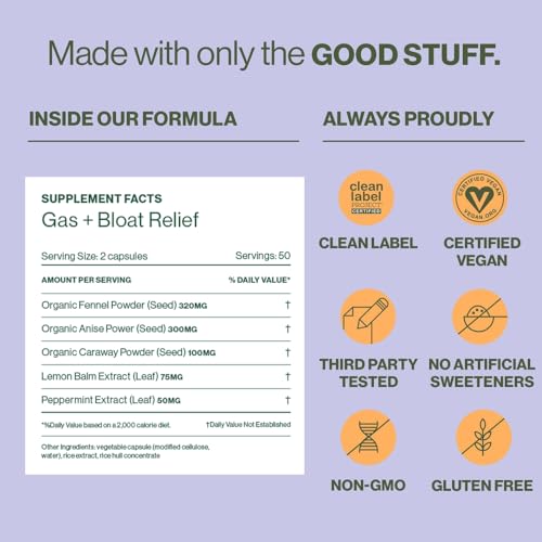 Hilma Natural Gas and Bloating Relief for Women, Doctor Formulated with Organic Ingredients, Lemon Balm, Fennel and Peppermint Leaf, 50 Vegan Capsules - Image 6