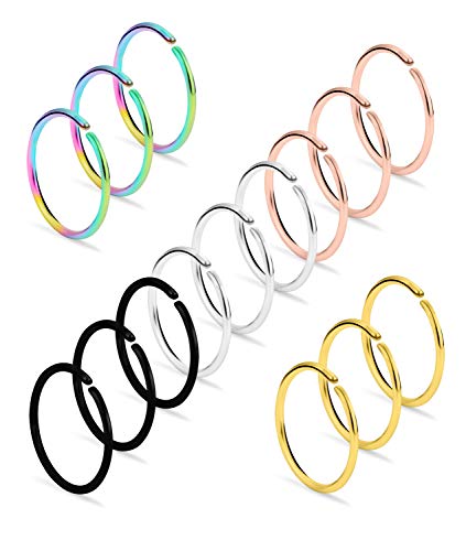 Dyknasz 15-30Pcs 22-18G Nose Rings Hoop Surgical Steel Fake Nose Ring Tragus Cartilage Helix Piercing Earring Hoops Septum Lip Ring 6-14MM for Women Men4