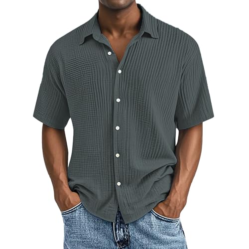 Generisch Herren Leinenhemd 2025 Kurzarm Button Down Sommerhemd Baumwolle Musselin Leicht Atmungsaktiv Strandhemd Freizeithemd Bequem Urlaub Casual