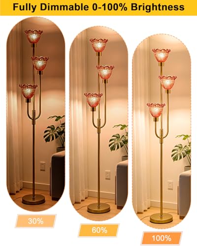 Image of Lightdot 3-Lights Glass Floor Lamp 66IN Modern Gold Dimmable Floor Lamps with 3000K Warm White Bulbs for Wedding Party Tall Standing Lamp with Deep Red Glass Shade for Living Room /Bedroom /Home Decor