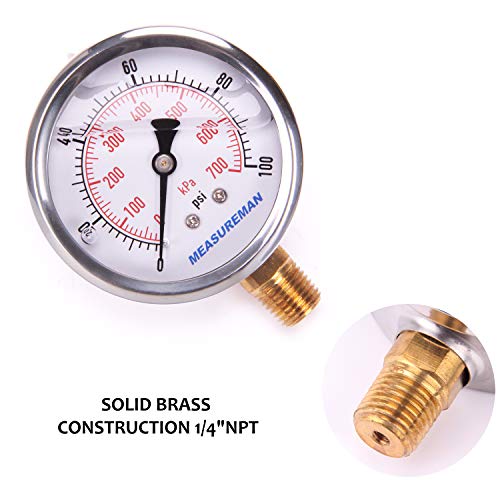 Measureman 2-1/2" Dial Size, Glycerin Filled Pressure Gauge, 0-100Psi/Kpa, 304 Stainless Steel Case, 1/4"Npt Lower Mount #TOP4