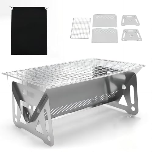 Portable Camping Grill & Charcoal Oven - V-Shaped Windproof Stainless Steel Barbecue with Foldable Design for Backpacking, Hiking, Picnics, 1-2 Person, 734g Lightweight