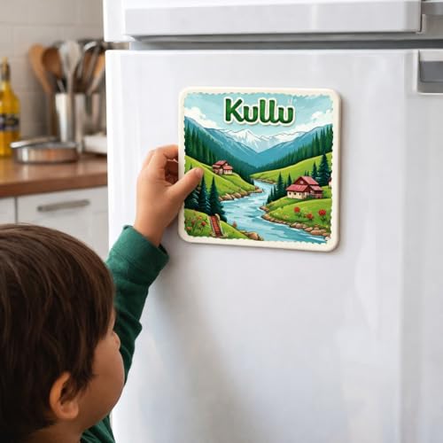Image of Naxon Kullu Theme Souvenir Wooden Fridge Magnet | Valley of Gods Scenic Landscape Design 3x3 Inch Refrigerator Magnet for Kitchen & Home Decor | Travel Gift from Kullu | Pack of 1