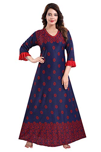 Image of Fabme Women's Crepe Printed Flare Nighty with Long Sleeves /Night Gown /Nightwear /Maxi