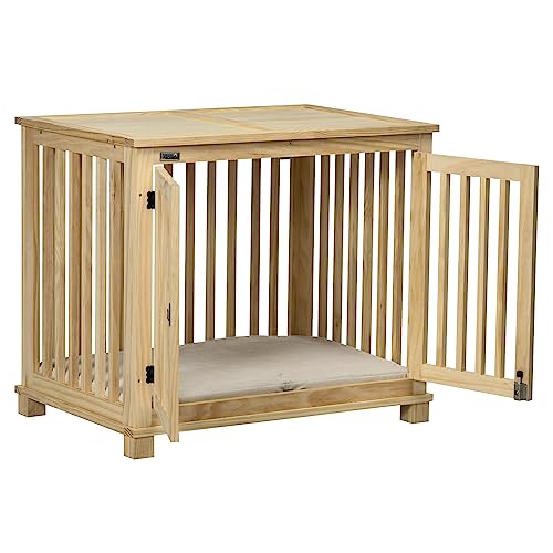 Pawhut Hundekäfig, Tierkäfig aus Holz, Haustierkäfig für mittelgroße Hunde, Hundehütte mit Kissen, Hundebox, Indoor, Naturholz+Cremeweiß, 82,5 x 57 x 72 cm