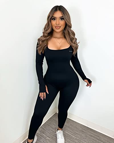 Picaurshe Jumpsuits For Women Yoga Long Sleeve Square Neck Ribbed Workout Sport Bodycon Jumpsuit #TOP2