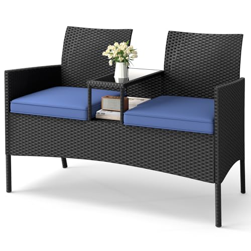 Tangkula Patio Loveseat with Built-in Table, Wicker 2-Seat Furniture...