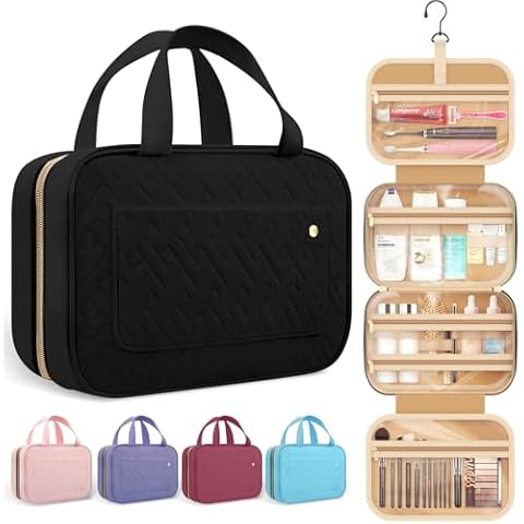 HOTOR Travel Toiletry Bag for Women with Hanging Hook - Portable Cosmetic Case, Toiletry Bag for Traveling Women, Waterproof Travel Essentials, Black Cover
