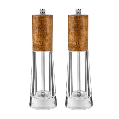 Daily Treasures 2 Pack Acrylic Pepper Grinder,8 inches Wooden Mill Visible,Refillable Pepper Grinder with Adjustable Screw,Salt And Pepper Grinder with Ceramic Core,Adjustable Mills, Shakers