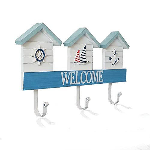 Joeesun Crochet porte-manteau mural porte-manteau créatif porte-manteau créatif porche porte décoration murale méditerranéenne rétro suspendu porte-manteau, marine 3 crochet Cover