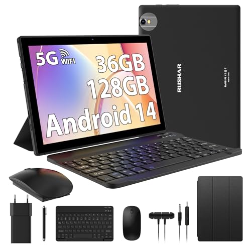 RUSHAR Newest Tablet 10 Pulgadas Android 14 Tablet,Tablet con 5G WiFi,36GB RAM+128GB ROM (TF 1TB),Quad-Core 2.0Ghz,8000mAh,Doble Cámara,8MP+5MP,Bluetooth,Tablet con Teclado,Negro