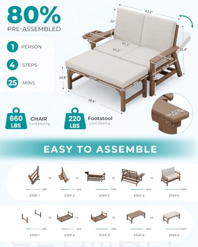 Image of SERWALL 2-in-1 Convertible Sofa Daybed with Cushions & Ottoman Table Set | HDPE 4-Position Reclining Outdoor Patio Lounge Chair, 4-in-1 Cup Holder Daybed Sofa Furniture, Brown Frame with Khaki Cushion
