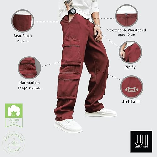 Image of Men's 8 Pocket Cargo Pants | Premium Cotton Twill Baggy Fit Trousers | Stretchable Casual Streetwear Cargos | Mid Rise