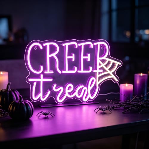 Image of Creep It Real Neon Sign,Halloween Decor | Spider Web - Spooky Party Decor 15.7x10.2in