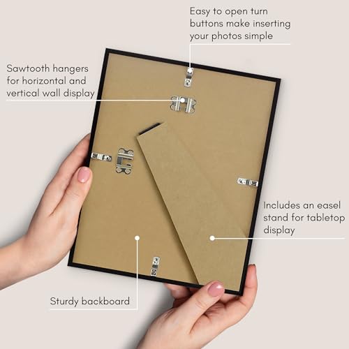 Americanflat 9x11 Picture Frame with Shatter-Resistant Glass - Streamline Collection - Thin Border Photo Frame for Tabletop and Wall Display - Hanging Hardware and Easel Stand Included - Black