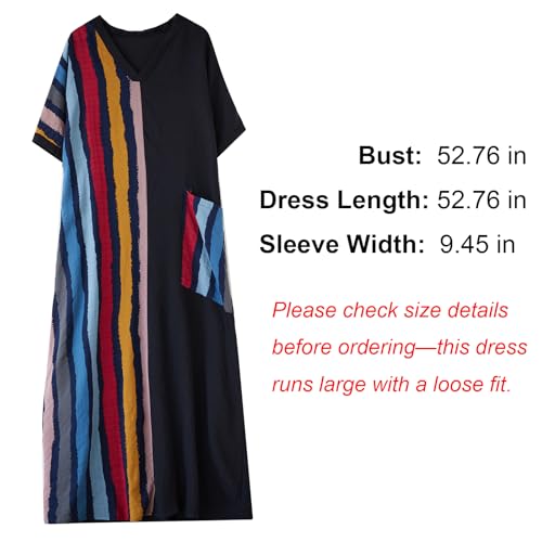 Image of Women Plus Size Dress Black and Color Stripes Patchwork Summer Casual V Neck Short Sleeves Long Dresses with Pockets