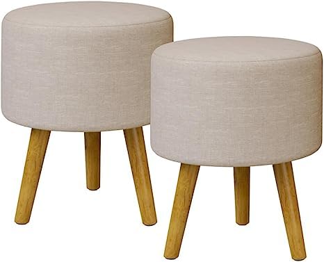Kit 2 Puff Banquinho Redondo Decorativo em Linho Cor Bege Pés Palito Madeira Maciça – Paris- Lojas M