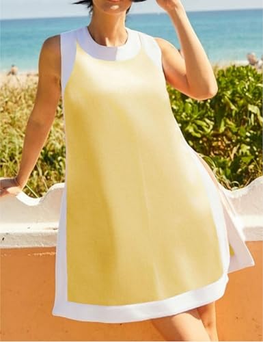 Image of Women's 2 Piece Sets Boho Color Block Dress Summer Casual Sleeveless Crewneck Tops Shorts Matching Set with Pockets