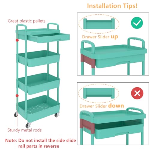 Image of Calmootey 4-Tier Utility Cart with Drawer & Wheels, Storage for Home,Office | Space-Saving Organizer, Sturdy Plastic Shelves, Smooth-Rolling Metal Wheels, Built-in Drawer for Small Items, Green