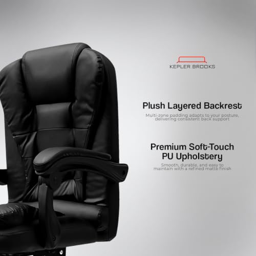 Image of Kepler Brooks Italia Mid Back Leatherette Office Chair for Work | 1-Year Warranty | Boss Chair for Office, Ergonomic Executive Chair, Cushioned Arms & Seat, Leg Rest, Heavy Duty Metal Base (Black)