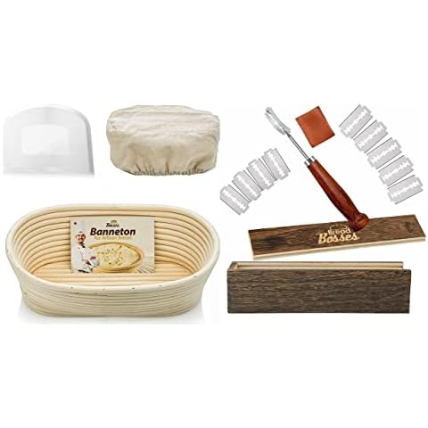 Bread Bosses Oval Bread Banneton Proofing Basket - 10 Inch Baskets and Bread Bakers Lame Slashing Tool - Great as a Gift Cover
